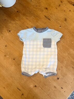 Blue & White Gingham Baby Romper with Stripe Trim